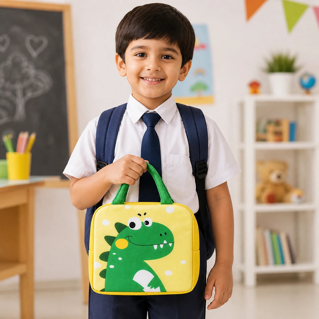 Kids Insulated Lunch Bag with Cute Dino Design – Waterproof, Lightweight, Durable Lunch Bag for School Boys (23x20x6 cm)