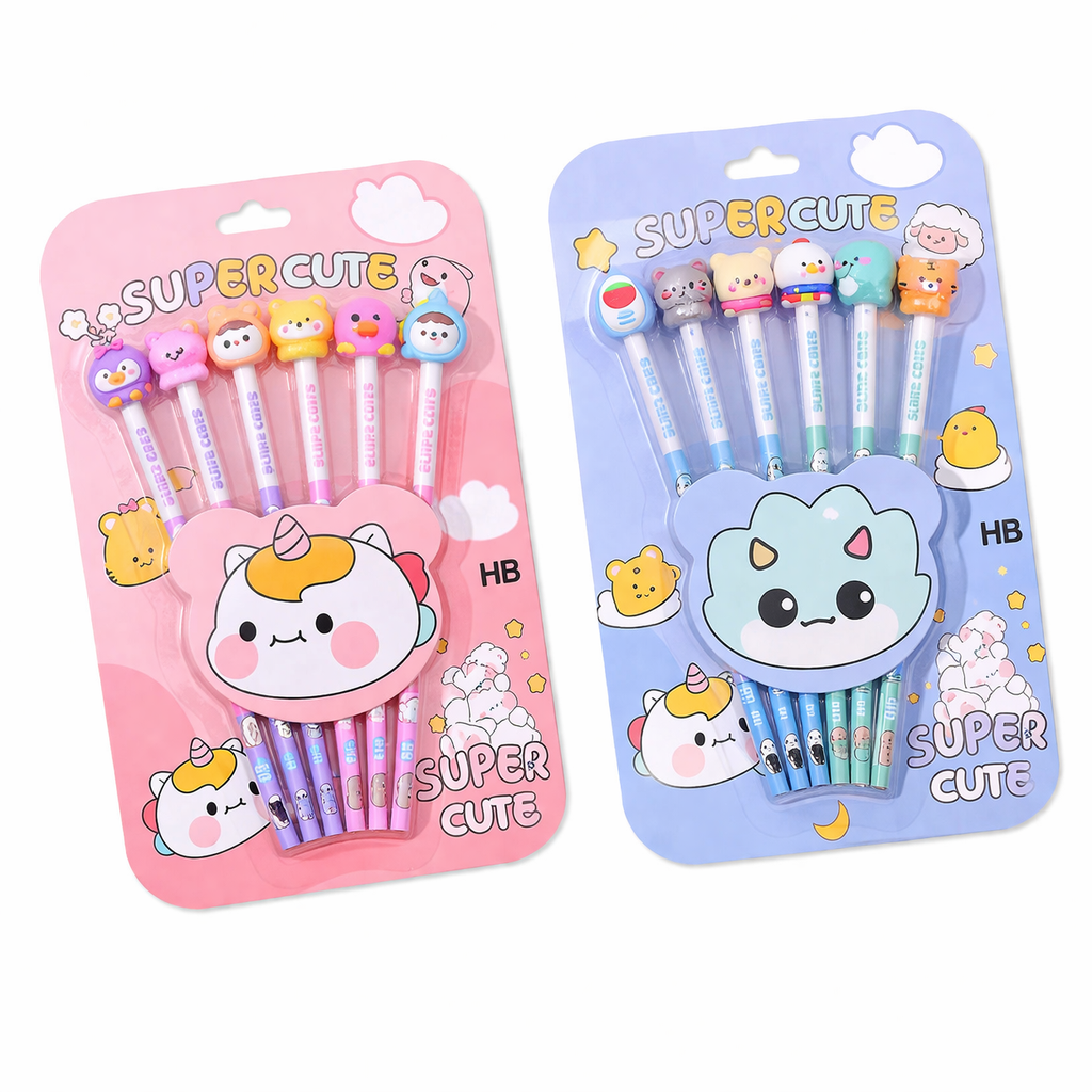 Super Cute Cartoon Pencil Set (Pack of 6) – HB Pencils with Eraser Tops for Kids