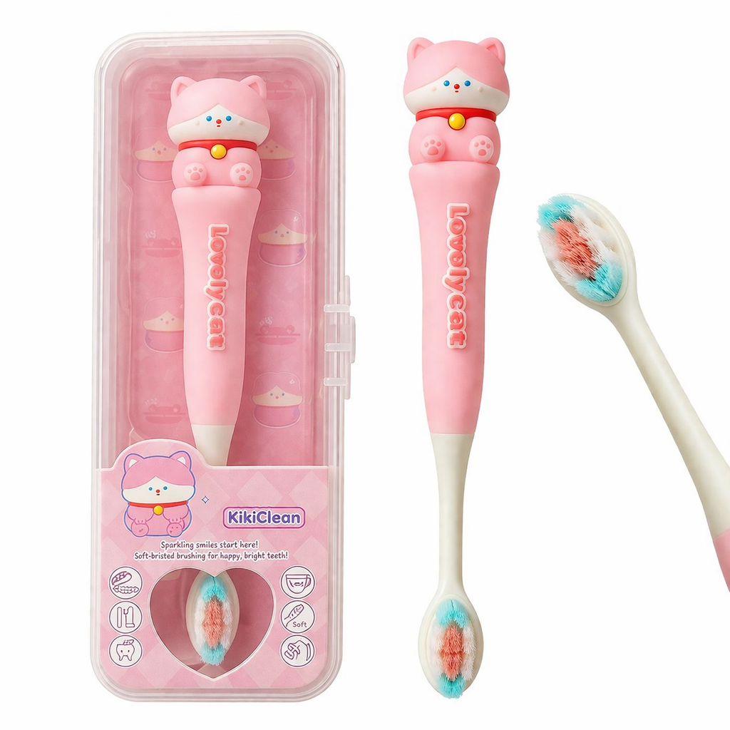 Cute Cat Kids (3-6 Years) Toothbrush (Pink) with Case – Ultra Soft Bristles & Travel-Friendly Design