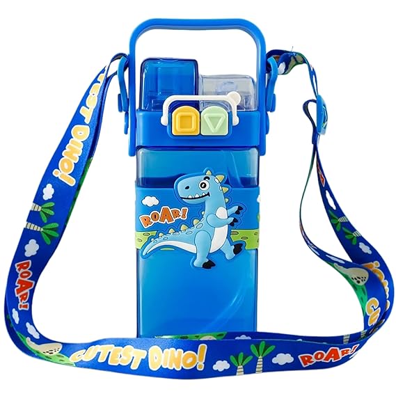 Double Drinking Straw (Sipper and Direct-500 ml) Kids BPA Free Plastic Water Bottle – (Dino)