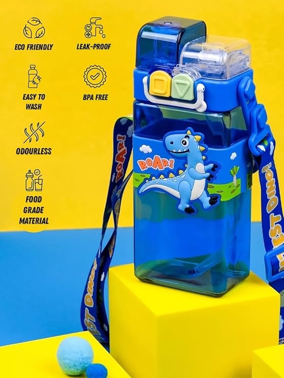 Double Drinking Straw (Sipper and Direct-500 ml) Kids BPA Free Plastic Water Bottle – (Dino)