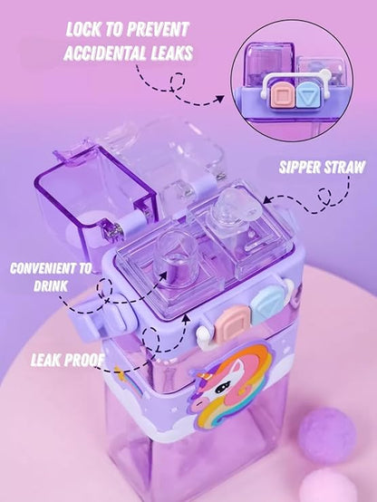 Double Drinking Straw (Sipper and Direct-500 ml) Kids BPA Free Plastic Water Bottle –(Unicorn)