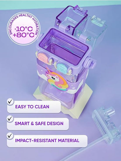 Double Drinking Straw (Sipper and Direct-500 ml) Kids BPA Free Plastic Water Bottle –(Unicorn)