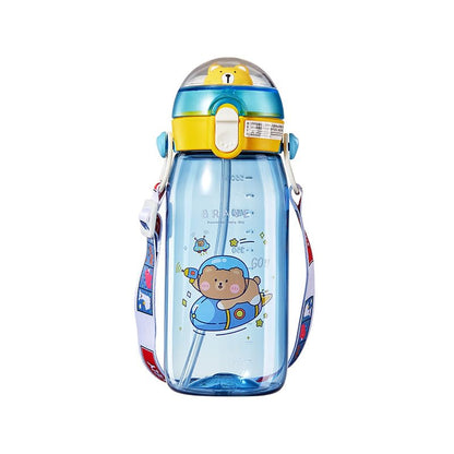 Teddu (550ml) Cute BPA FRee  Water Bottle with 2 Side Handles, Strap & Straw Lid-Blue