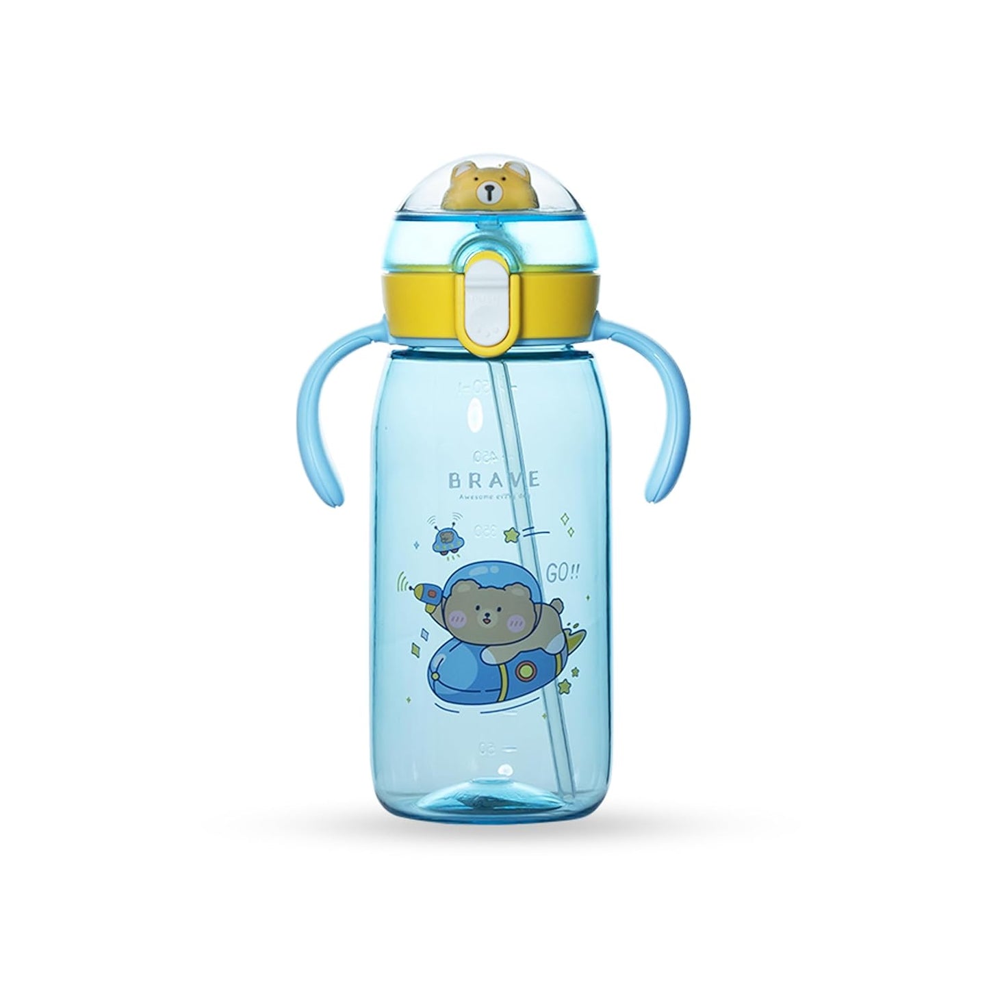 Teddu (550ml) Cute BPA FRee  Water Bottle with 2 Side Handles, Strap & Straw Lid-Blue