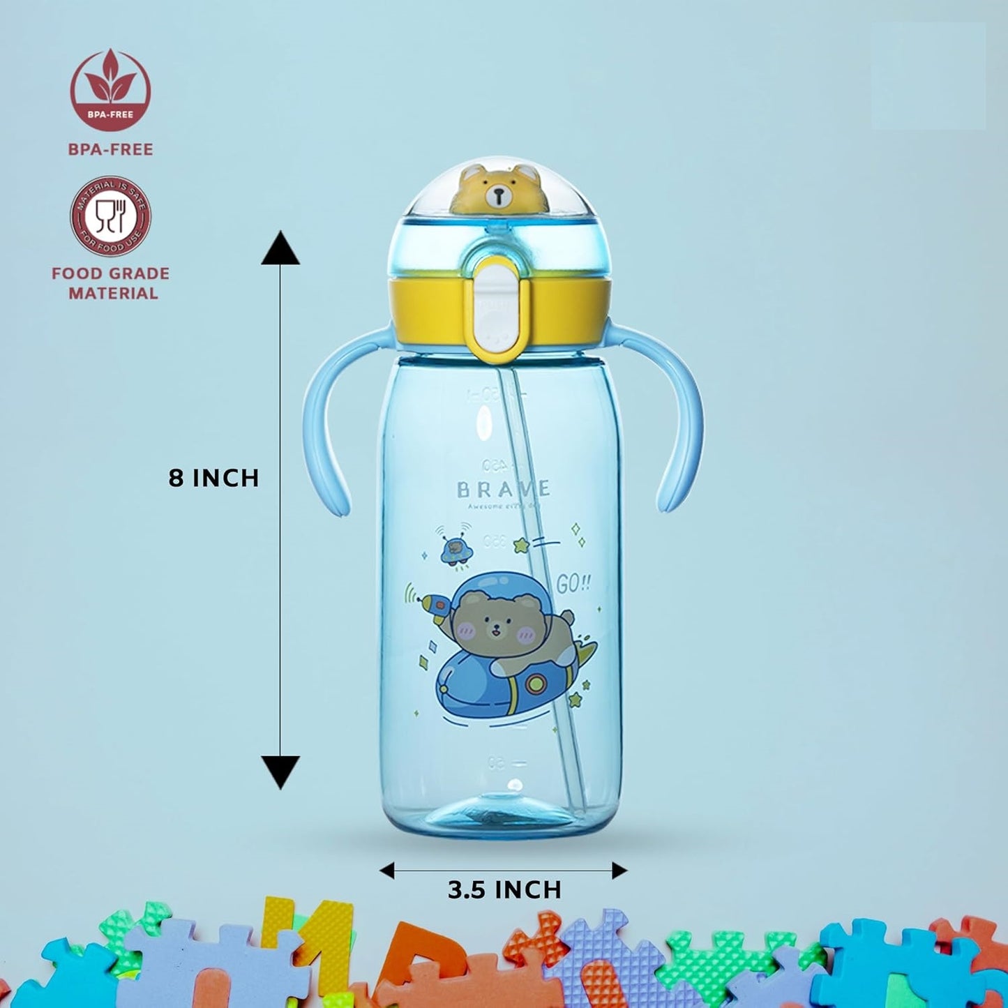 Teddu (550ml) Cute BPA FRee  Water Bottle with 2 Side Handles, Strap & Straw Lid-Blue