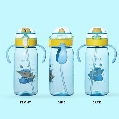 Teddu (550ml) Cute BPA FRee  Water Bottle with 2 Side Handles, Strap & Straw Lid-Blue
