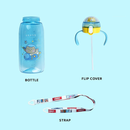 Teddu (550ml) Cute BPA FRee  Water Bottle with 2 Side Handles, Strap & Straw Lid-Blue