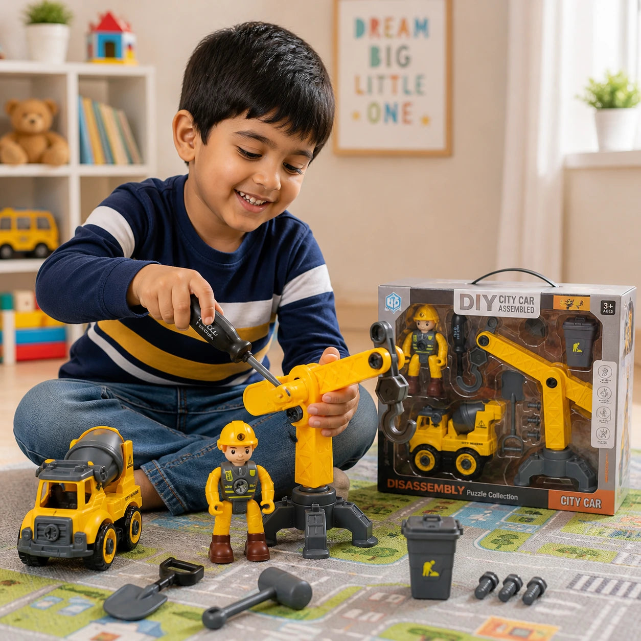 DIY Construction Play Set for Kids | City Crane & Mixer Truck Assembly Kit with Tools | Educational Toy (3+ Years)