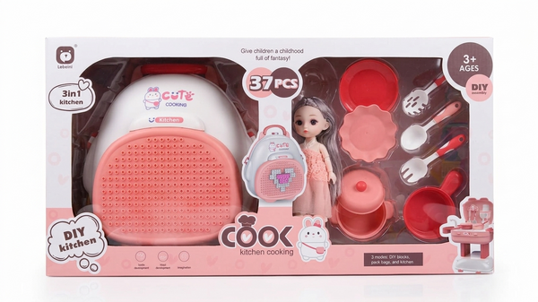 37-Piece DIY Kids Kitchen Cooking Set with Backpack & Doll (3-in-1 Play Set)
