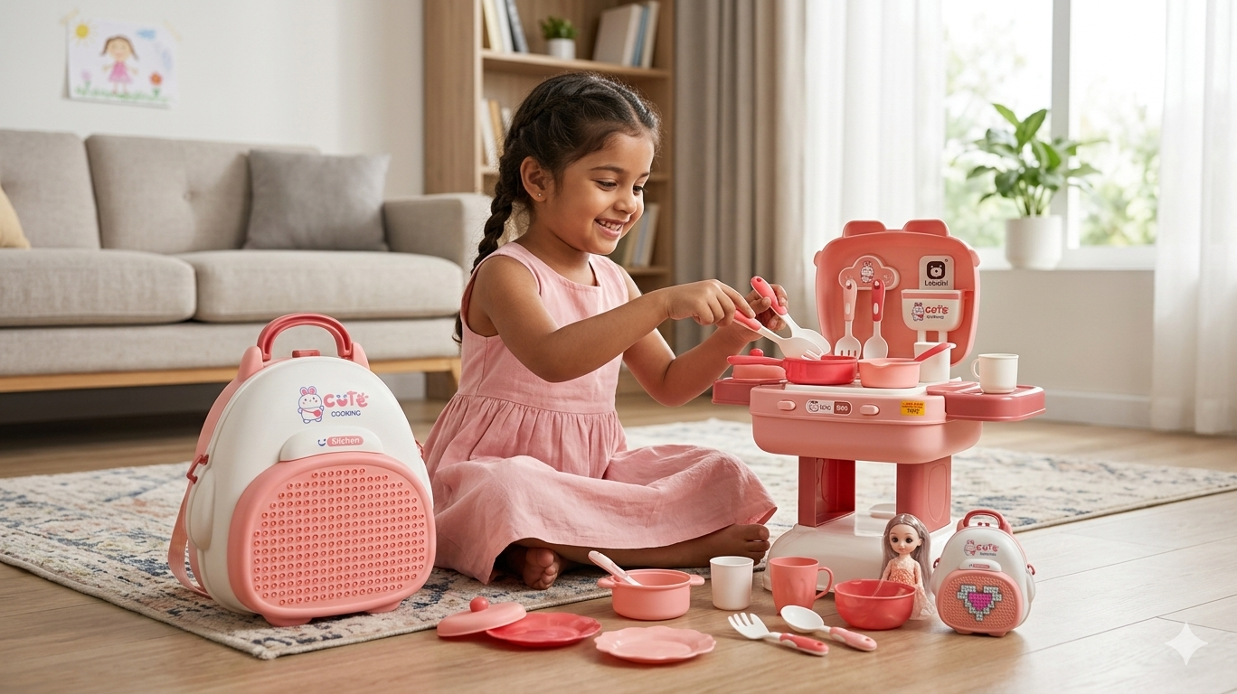 37-Piece DIY Kids Kitchen Cooking Set with Backpack & Doll (3-in-1 Play Set)