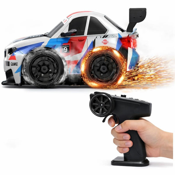 High-Speed RC Drift Car with Spark Effect | Short Axis 2.4GHz Remote Control Racing Toy with LED Lights & Replaceable Drift Tyres for Kids & Adults