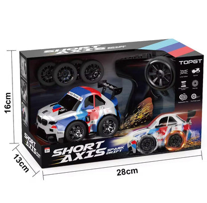 High-Speed RC Drift Car with Spark Effect | Short Axis 2.4GHz Remote Control Racing Toy with LED Lights & Replaceable Drift Tyres for Kids & Adults