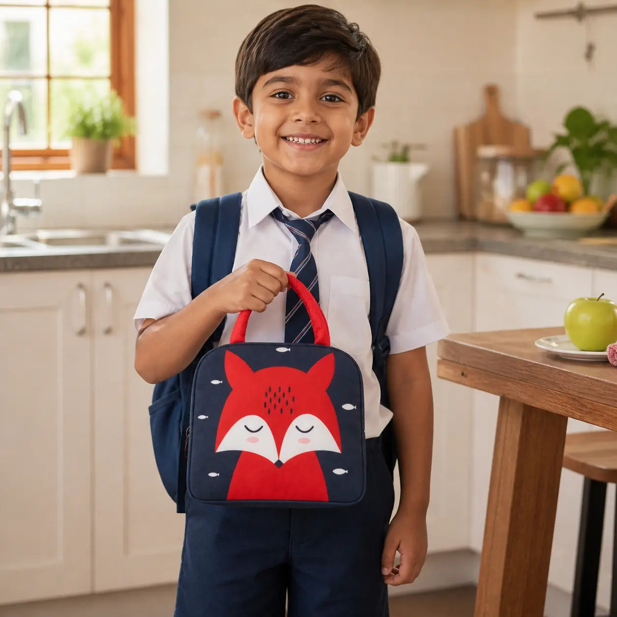 Kids Insulated Lunch Bag with Cute Fox Design – Waterproof, Lightweight, Durable Lunch Bag for School Boys (23x20x6 cm)