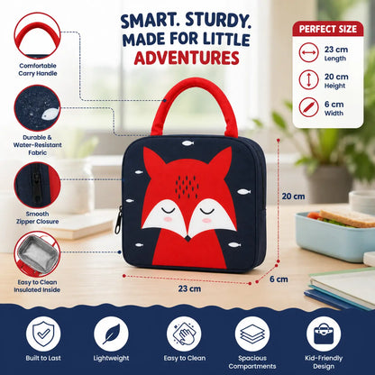 Kids Insulated Lunch Bag with Cute Fox Design – Waterproof, Lightweight, Durable Lunch Bag for School Boys (23x20x6 cm)