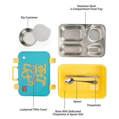 Teal Travel theme Stainless Steel Tiffin/Lunch Box for Kids (6 Years +)