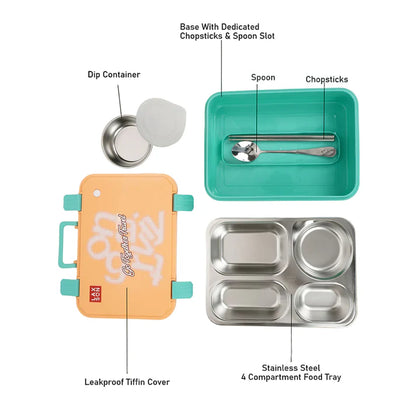 Orange Travel theme Stainless Steel Tiffin/Lunch Box for Kids (6+ Years)