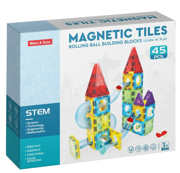 Magnetic Tiles Building Blocks with Ball Runner Tunnels - 45 Pcs | Magnetic Construction Set for Kids 3–8 Years | STEM Educational Toy | Creative Brain Development Gift for Boys & Girls