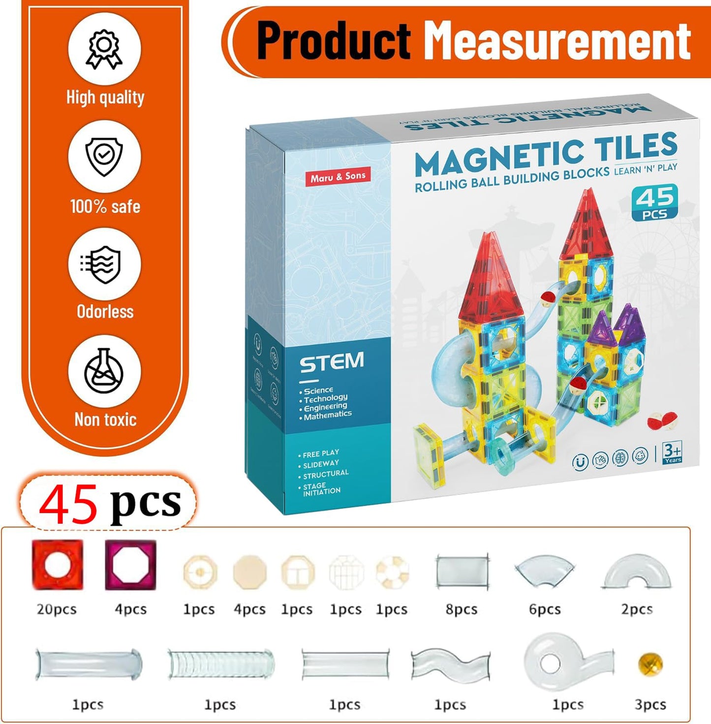 Magnetic Tiles Building Blocks with Ball Runner Tunnels - 45 Pcs | Magnetic Construction Set for Kids 3–8 Years | STEM Educational Toy | Creative Brain Development Gift for Boys & Girls