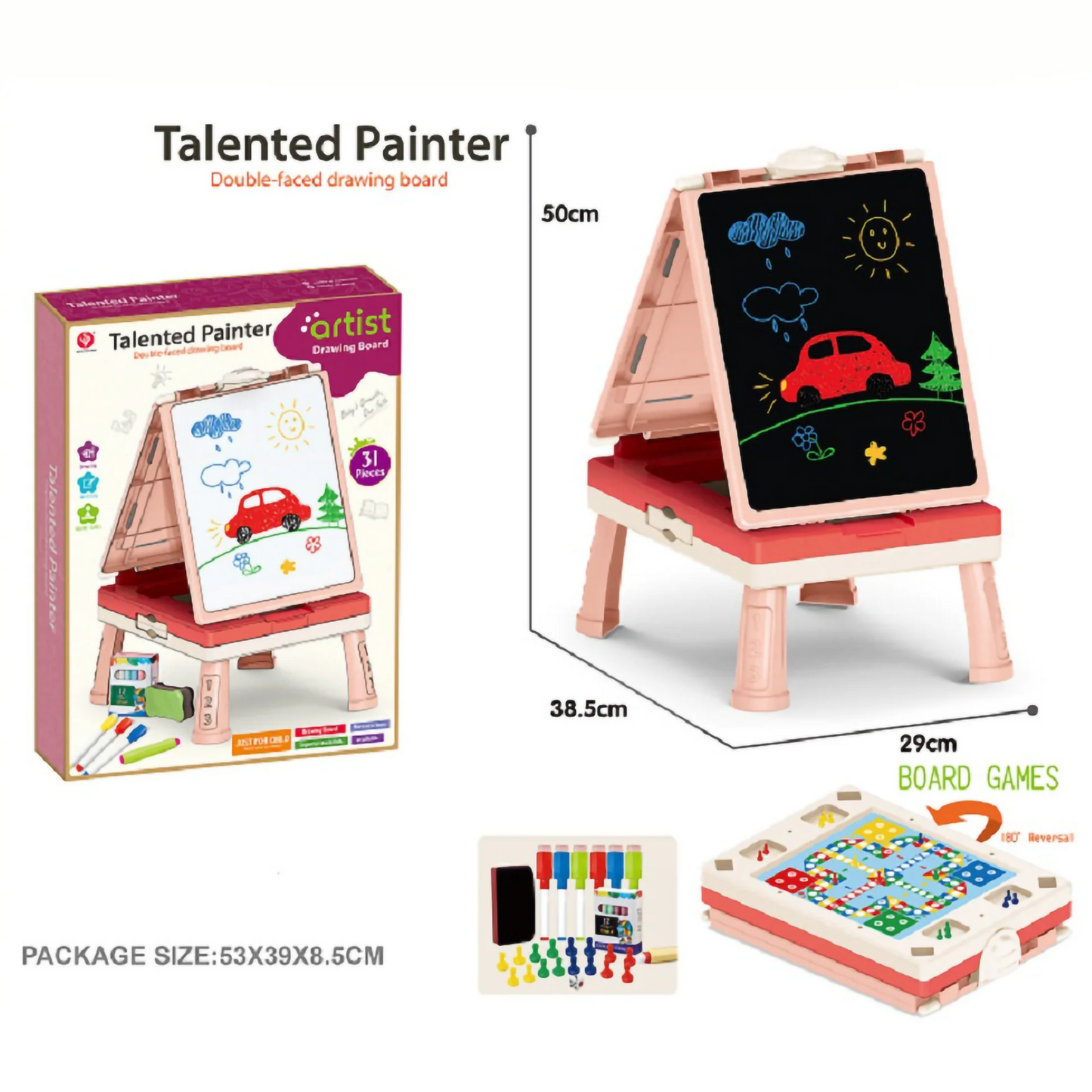 My First Art Studio Double-Sided Drawing Board for Kids | 3-in-1 Painting, Writing & Chess Game Set