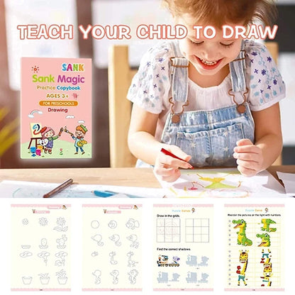 Sank Magic Practice Copybook, (4 BOOK + 10 REFILL+ 1 Pen +1 Grip) Number Tracing Book for Preschoolers with Pen, Magic Calligraphy Copybook Set Practical Reusable Writing Tool Simple Hand Lettering