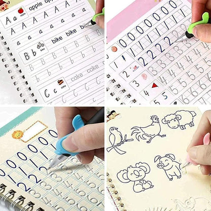 Sank Magic Practice Copybook, (4 BOOK + 10 REFILL+ 1 Pen +1 Grip) Number Tracing Book for Preschoolers with Pen, Magic Calligraphy Copybook Set Practical Reusable Writing Tool Simple Hand Lettering