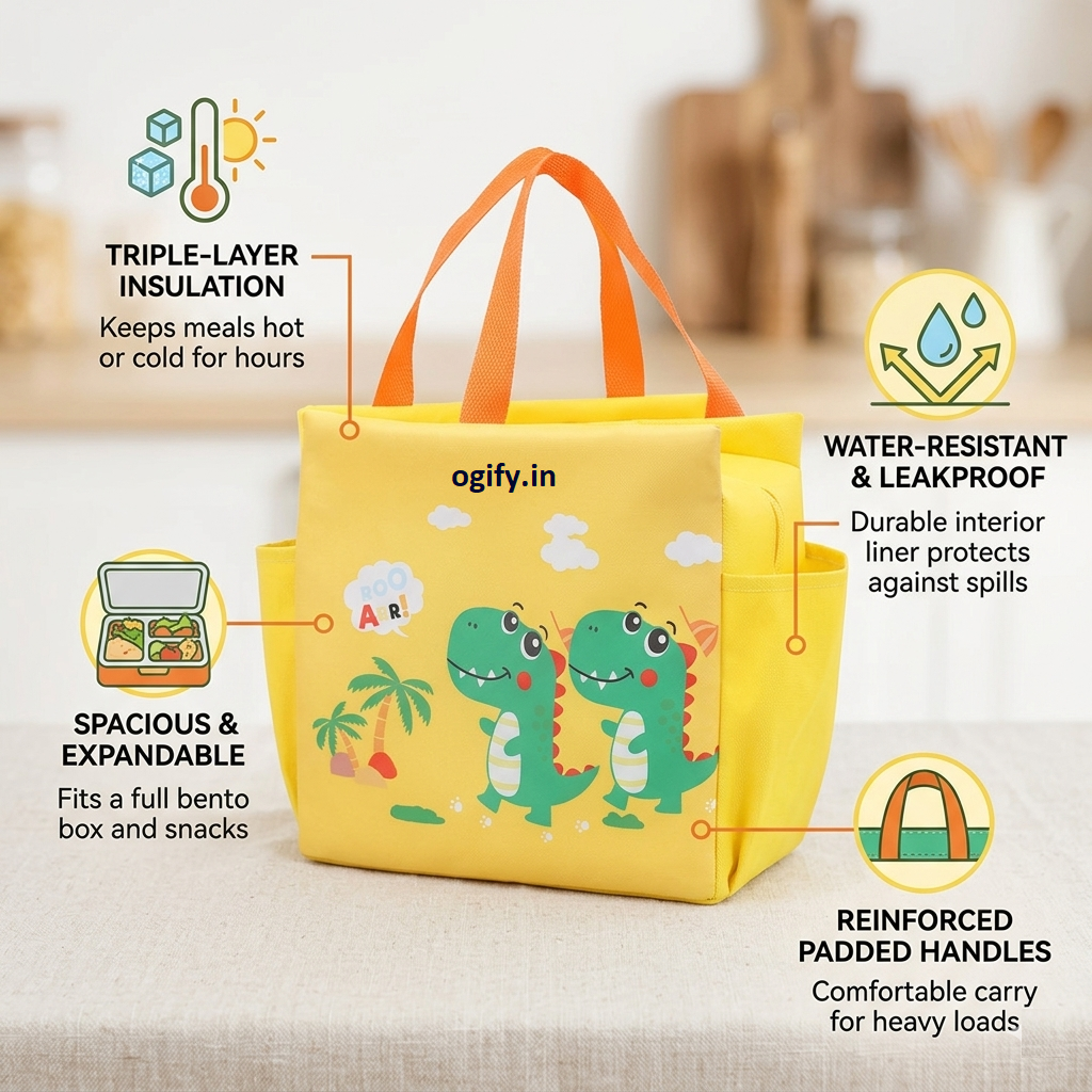 Insulated Lunch Bag for Kids (Big)| Dino Yellow - Kids Aged 3–10 years