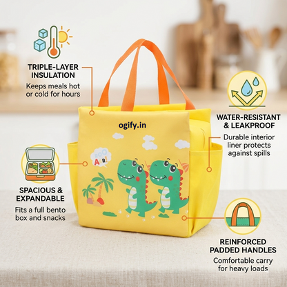 Insulated Lunch Bag for Kids (Big)| Dino Yellow - Kids Aged 3–10 years