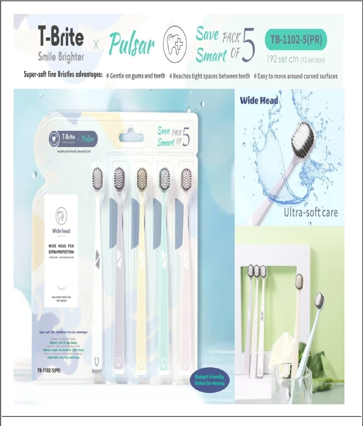 T-Brite Pulsar Soft Bristle Toothbrush Set (Pack of 5) – For Adults- Wide Head Deep Cleaning for Sensitive Gums