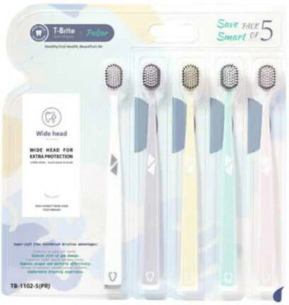 T-Brite Pulsar Soft Bristle Toothbrush Set (Pack of 5) – For Adults- Wide Head Deep Cleaning for Sensitive Gums