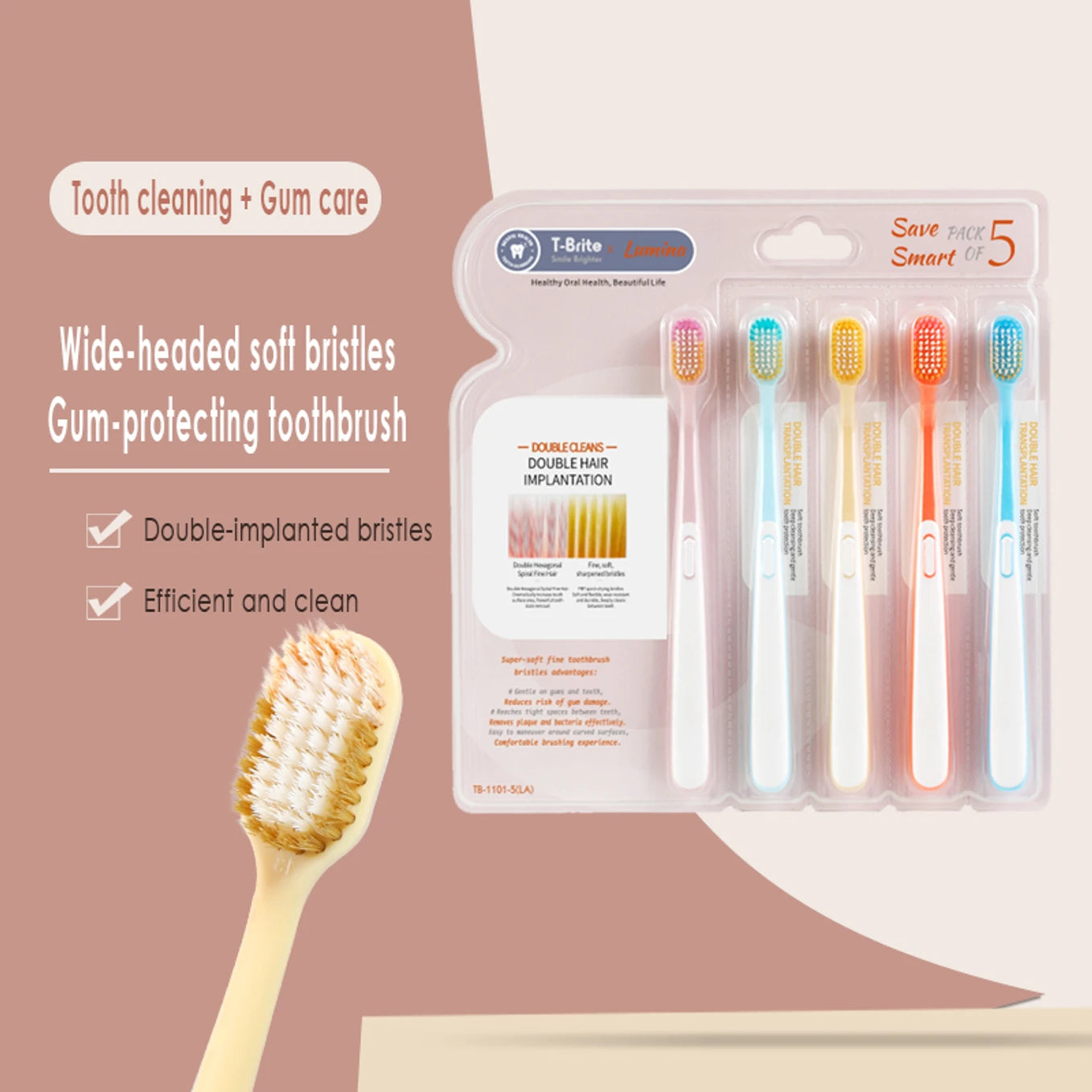 Ultra Soft Premium Toothbrush Set (Pack of 5) – Double Clean Bristles for Gentle & Deep Cleaning for Adults